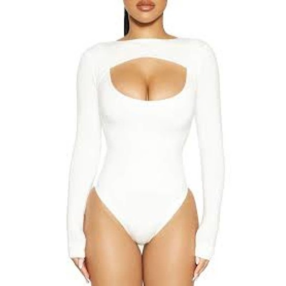 Naked Wardrobe Tops - Naked Wardrobe Front Cutout Long Sleeve Women's Bodysuit White Size: Large NWT